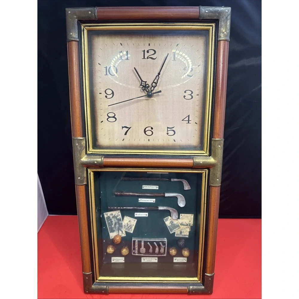Vtg Looking Shadowbox Wood And‎ Brass Accent Clock History Of Golf Tested
